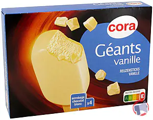 Rappel produit bâtonnets Géants vanille enrobage chocolat blanc x4 cora 308 g cora