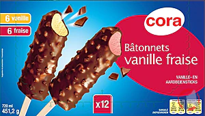 Rappel produit Bâtonnets vanille/fraise x12 720 ml - 451.2 g CORA