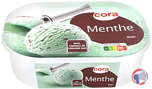 Rappel produit crème glacée menthe avec copeaux de chocolat bac 1L cora cora