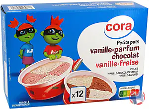 Rappel produit petit pot x12 vanille/fraise-vanille/parfum chocolat cora 368g cora