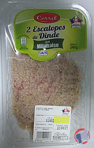 Rappel produit 2 ESCALOPES DE DINDE A LA MILANAISE 240G CORRIL