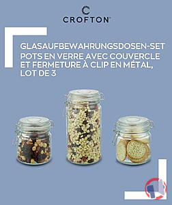 Rappel produit POTS EN VERRE AVEC COUVERCLE EN BOIS ET FERMETURE À CLIP EN MÉTAL, LOT DE 3 & POTS EN VERRE AVEC COUVERCLE ET FERMETURE À CLIP EN MÉTAL, LOT DE 3 CROFTON