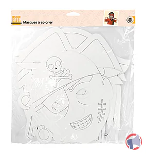 Rappel produit Lot de 4 masques pirates en carton à colorier, constitués d'une face en carton blanc et d'un élastique argenté amovible avec des barreaux métalliques aux extrémités. CTOP C'est la fête