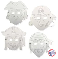 Rappel produit Lot de 4 masques pirates en carton à colorier, constitués d'une face en carton blanc et d'un élastique argenté amovible avec des barreaux métalliques aux extrémités. CTOP C'est la fête (photo numéro 2)