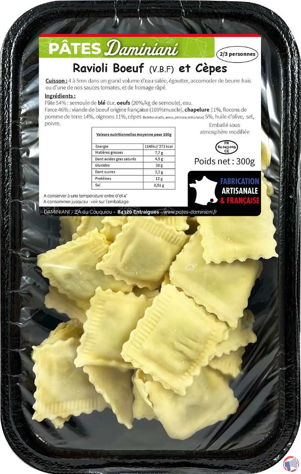 Rappel produit : ravioli boeuf et cèpes de la marque Daminiani