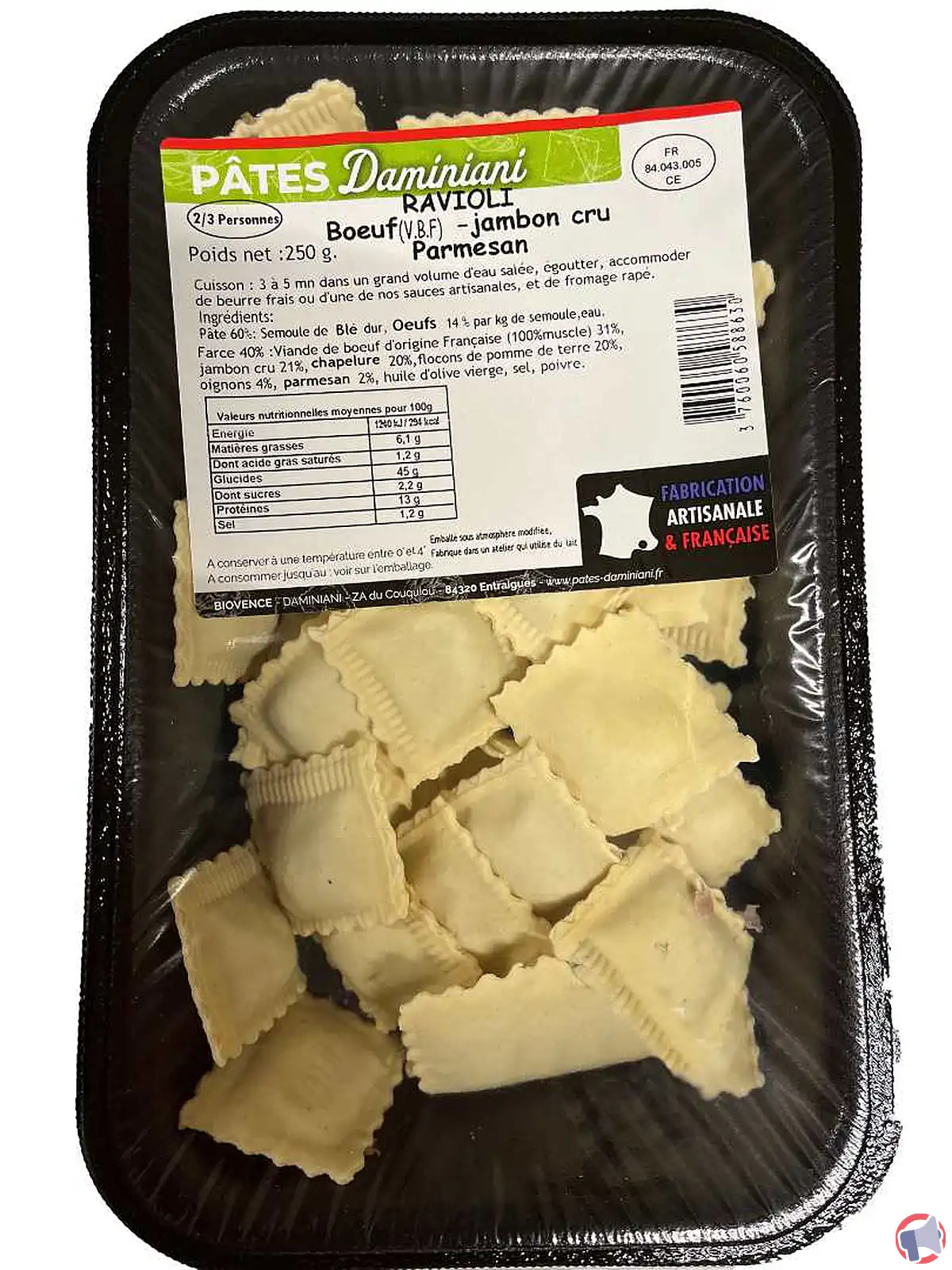 Rappel produit : ravioli boeuf jambon cru parmesan de la marque Daminiani