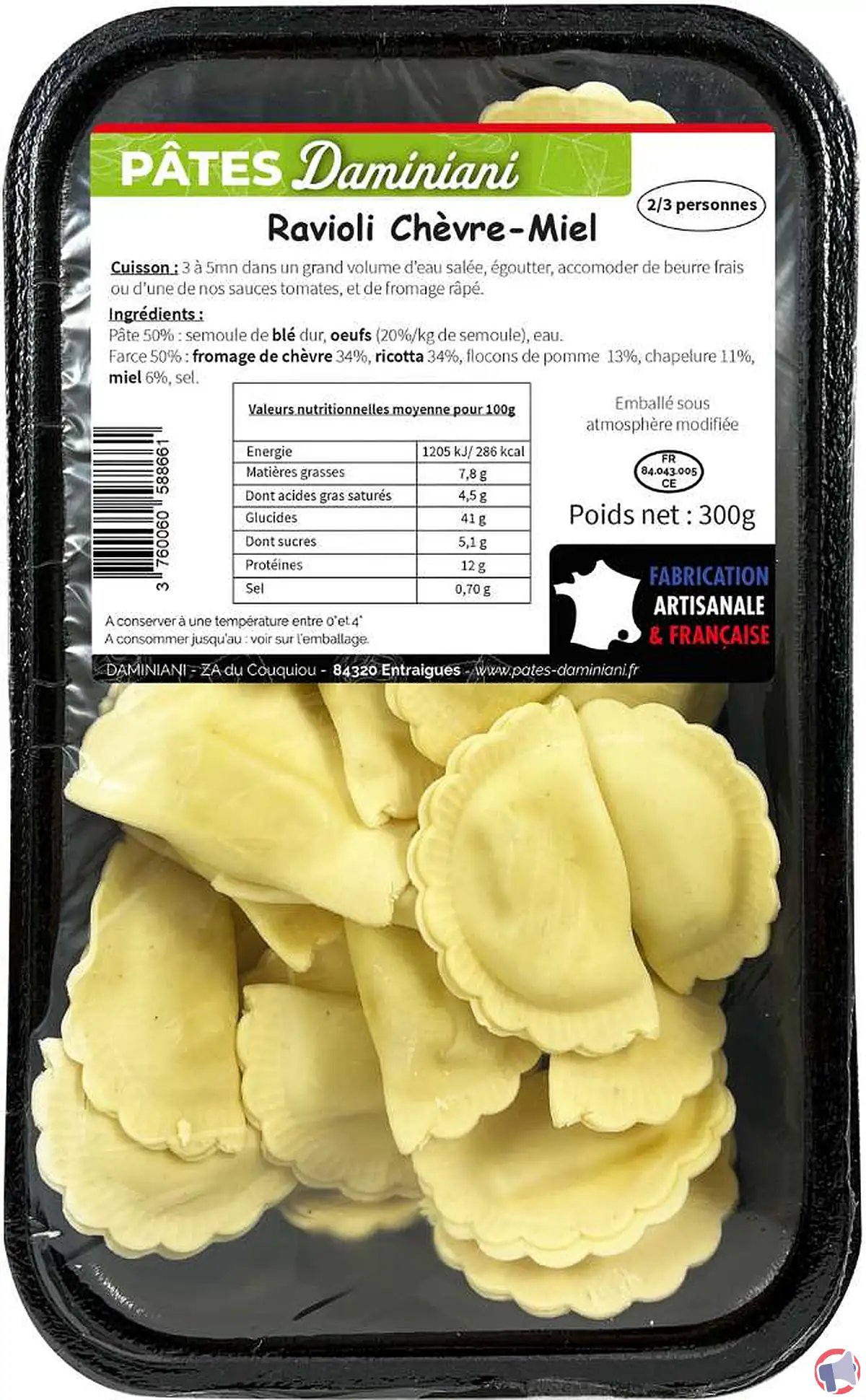 Rappel de produit : ravioli soleil chèvre miel de la marque Daminiani