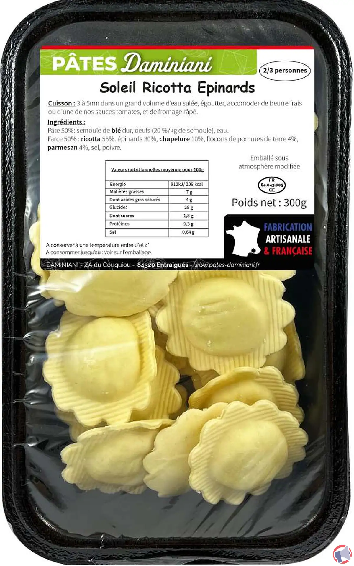 Rappel de produit : barquette Soleil Ricotta Épinard de la marque Daminiani