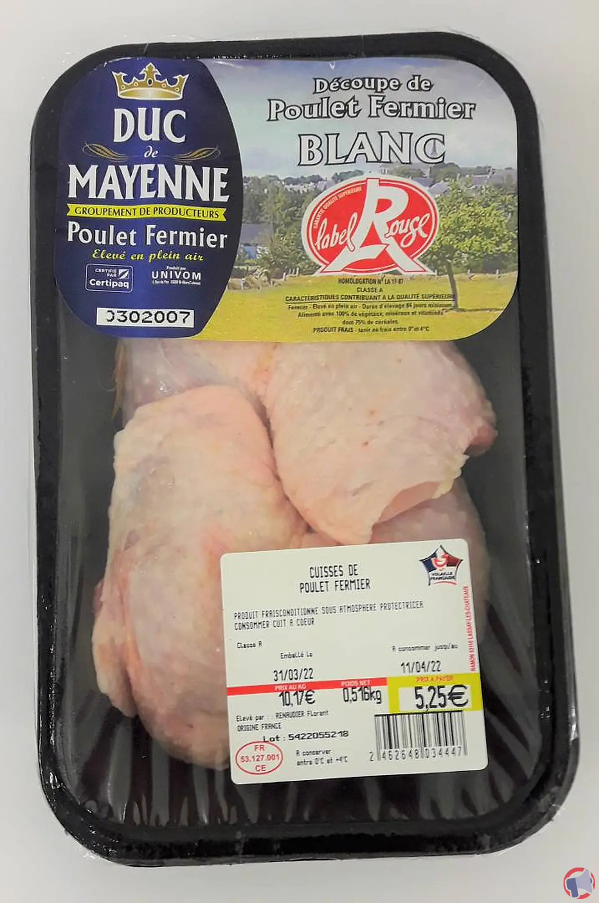 Rappel de produit : cuisse de poulet fermier blanc Label Rouge de la marque Duc de Mayenne pour risque de listériose