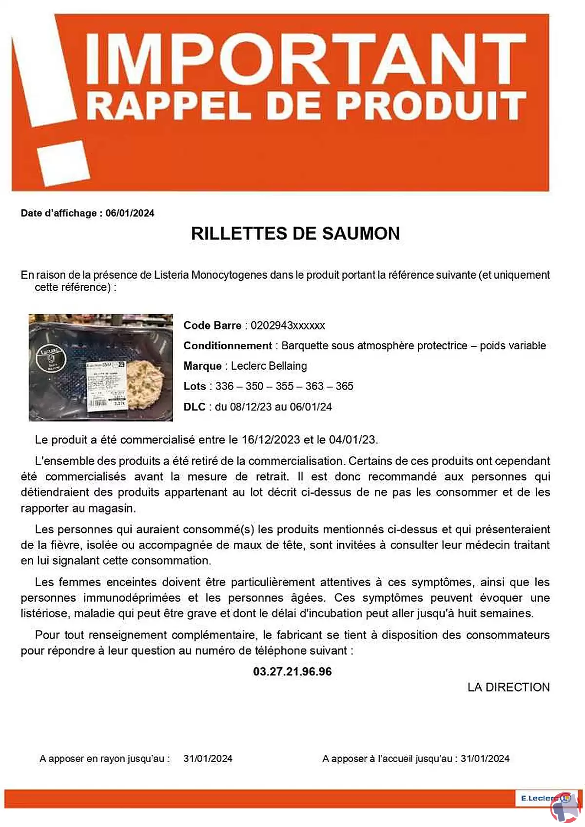 Rappel de rillettes de saumon de la marque E. Leclerc Bellaing pour risque de listériose