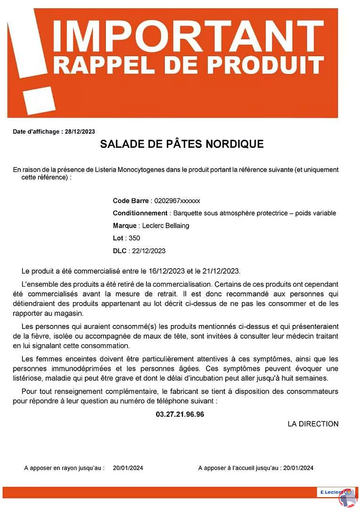 Rappel de produit : Salade de pâtes nordique de la marque E. Leclerc Bellaing pour risque de listéria