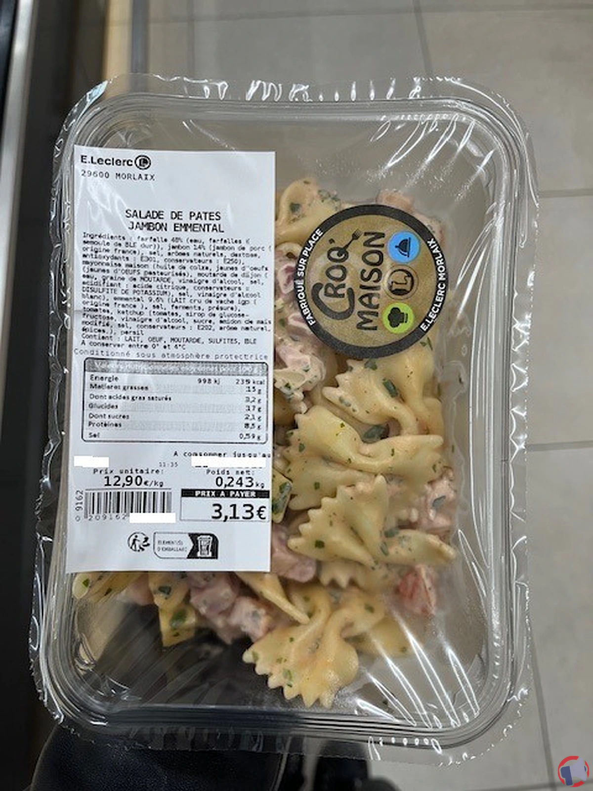 Rappel de produit : salade de pâtes jambon emmental d'E.Leclerc Morlaix