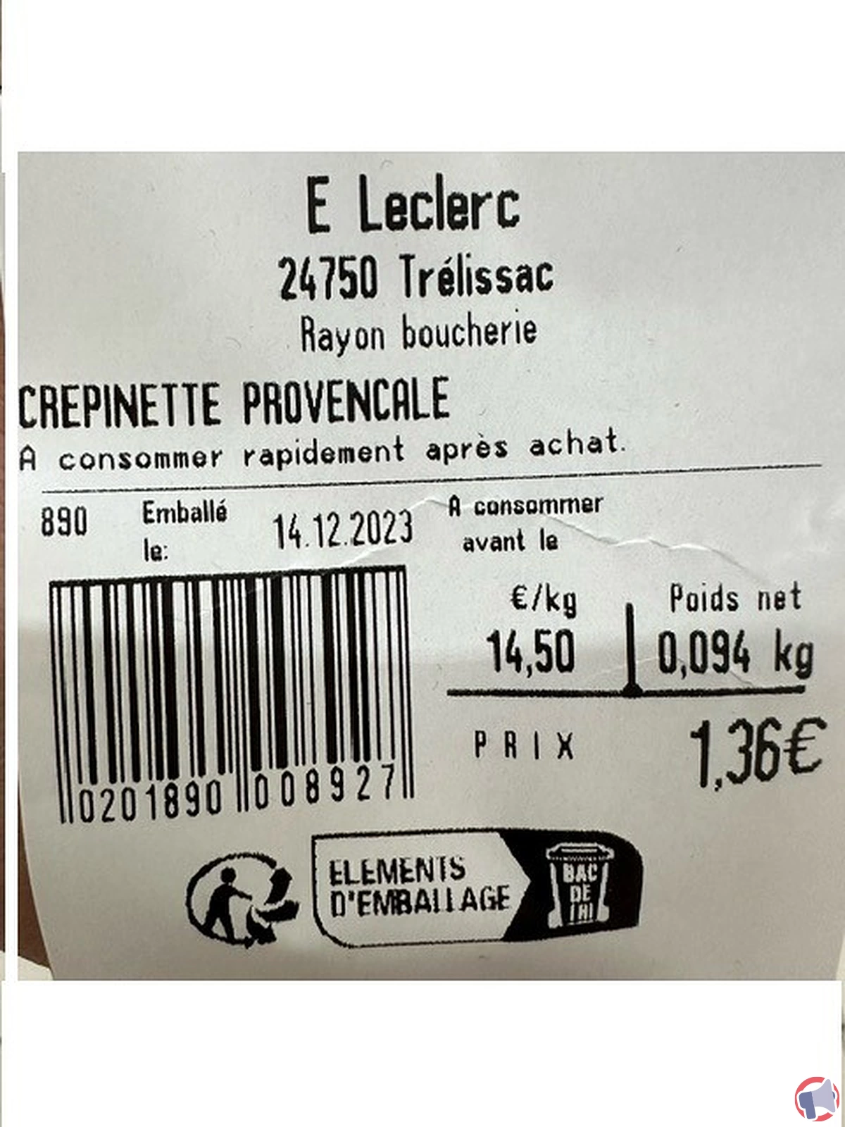 Rappel de produit : Crépinette de porc provençale de la marque Fabrication sur place