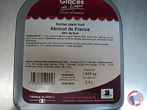 Rappel produit Sorbet plein fruit Abricot 2,5L / 1,625 kg Glaces de Lyon