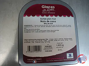 Rappel produit Sorbet plein fruit Noix de coco 2,5L / 1,625 kg Glaces de Lyon