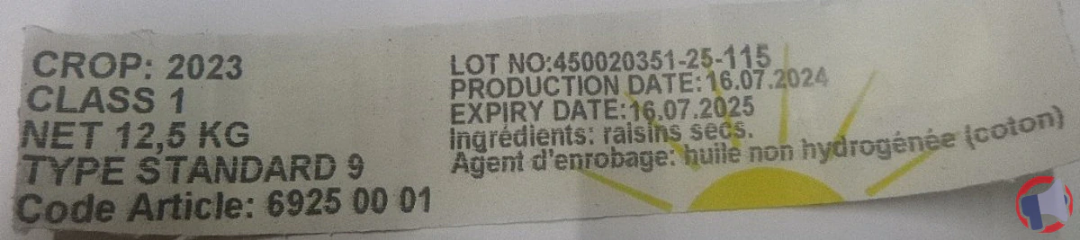 Rappel de raisins secs sultanine INDET pour dépassement des limites de pesticides