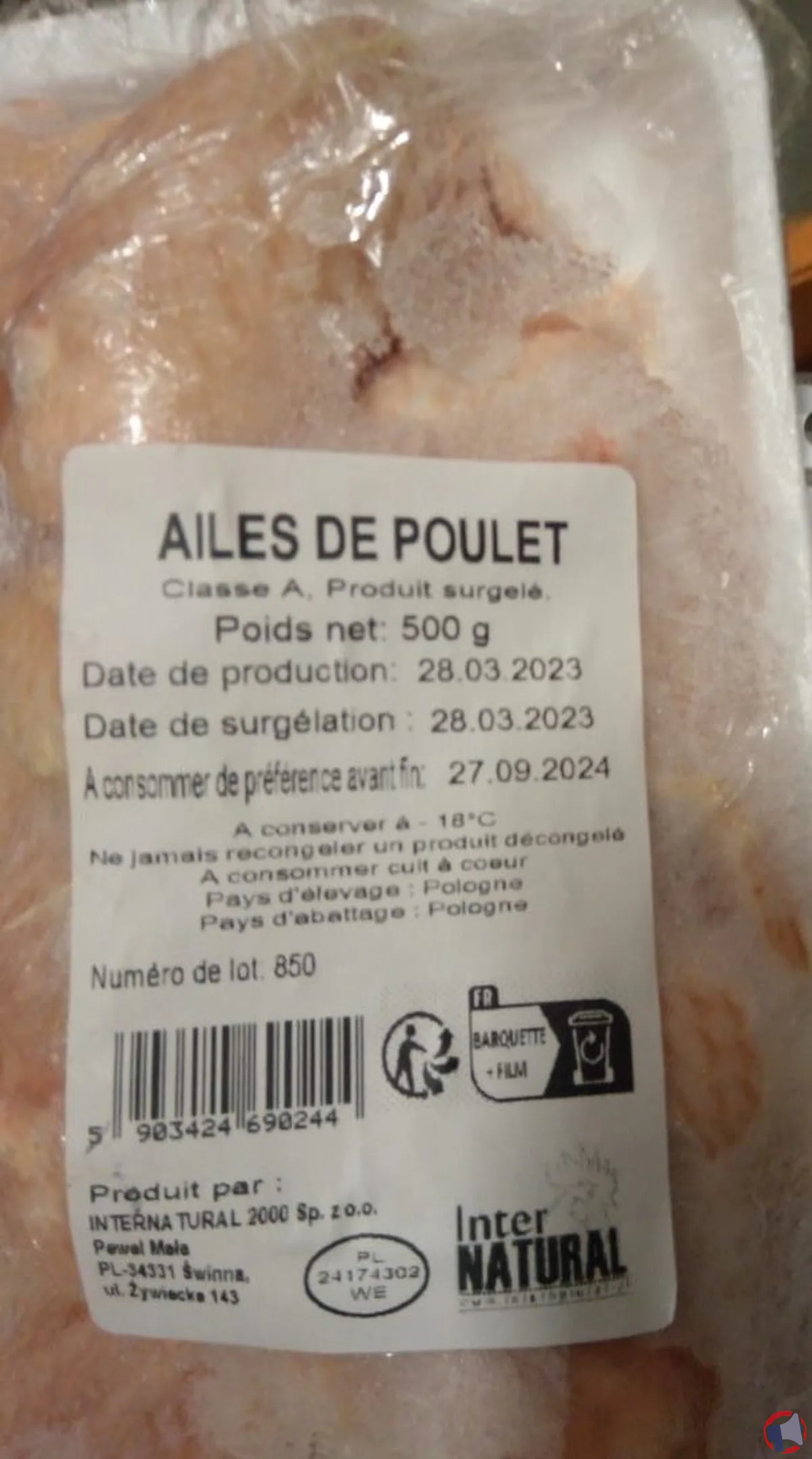 Rappel de produit : Ailes de poulet surgelées de la marque Inter NATURAL