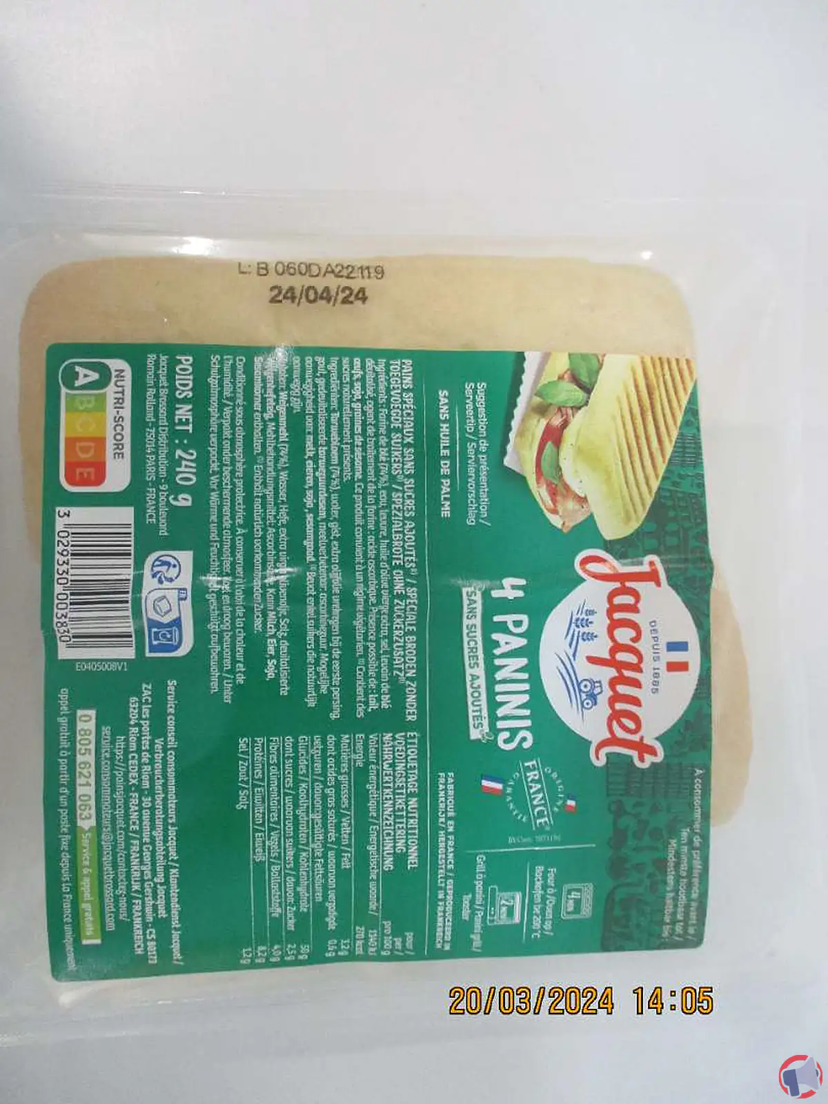Rappel de produit : 4 Paninis sans sucre ajoutés Jacquet 240g