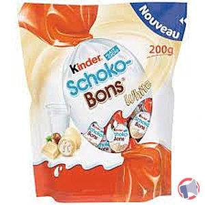 Rappel produit Bonbons de chocolat blanc supérieur au lait fourrés lait et noisettes KINDER SCHOKO-BONS WHITE