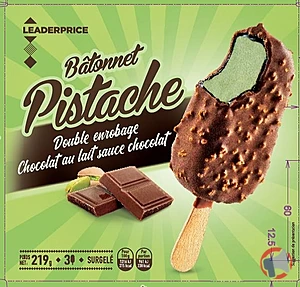 Rappel produit 3 bâtonnets pistache double enrobage Chocolat au lait sauce chocolat - 219g - Leader Price Leader Price