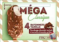 Rappel produit 4 MEGA Classique bâtonnets vanille enrobage chocolat au lait et morceaux d’amandes grillées 314g / 440ml LEADER PRICE Leader Price (photo numéro 1)