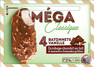 Rappel produit 4 MEGA Classique bâtonnets vanille enrobage chocolat au lait et morceaux d’amandes grillées 314g / 440ml LEADER PRICE Leader Price