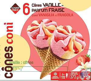 Rappel produit 6 cônes vanille fraise 372g Leader Price Leader Price
