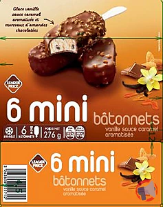Rappel produit 6 Mini bâtonnets Vanille Caramel Amande Leader Price 276g Leader Price