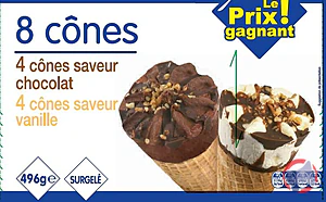 Rappel produit 8 cônes 4 chocolat / 4 vanille 496g Le Prix Gagnant Leader Price