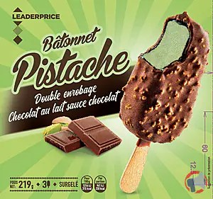 Rappel produit Bâtonnet Pistache double enrobage chocolat au lait sauce chocolat x3 219g – Leader Price Leader Price