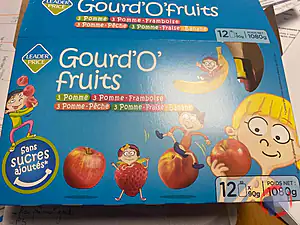 Rappel produit "Gourd'o fruits" : gourdes de purées de fruits sans sucres ajoutés 12x90g (pomme ; pomme-framboise ; pomme-pêche ; pomme-fraise-banane) Leader Price