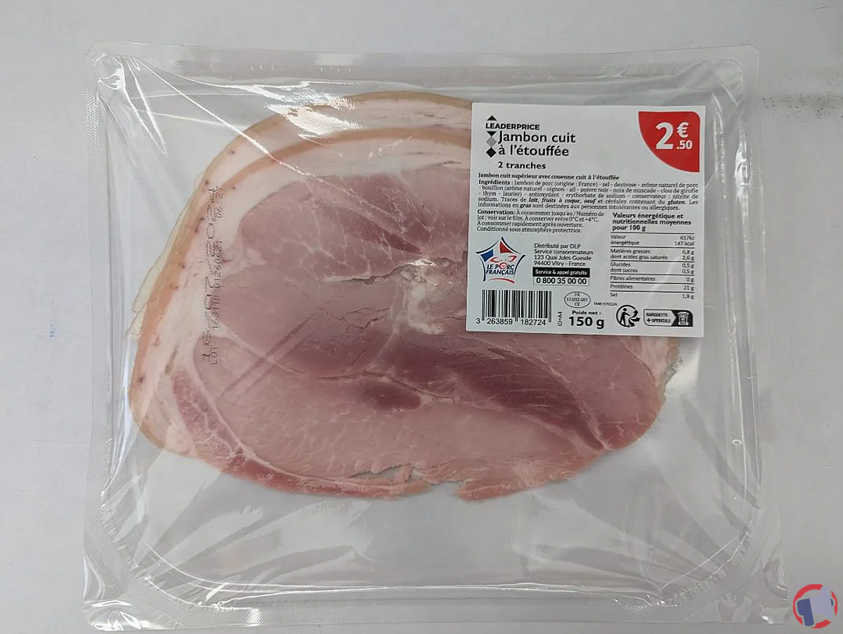rappel de produit : jambon cuit à l'étouffée 2 tranches 150g leader price