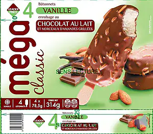 Rappel produit Méga classic Bâtonnets vanille enrobage chocolat lait/amande x4 Leader Price 314g Leader Price