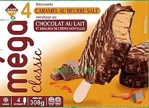 Rappel produit Méga Classique – 4 Bâtonnets Caramel au beurre salé enrobage au chocolat au lait et brisures de crêpes dentelle – 308g / 400 ml – Leader Price Leader Price