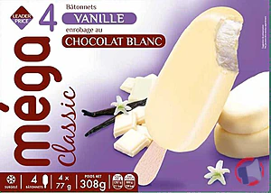 Rappel produit Méga Classique – 4 Bâtonnets Vanille enrobage au chocolat blanc – 308g / 440 ml – Leader Price Leader Price