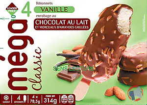 Rappel produit Méga Classique – 4 Bâtonnets Vanille enrobage chocolat au lait et morceaux d’amandes grillées – 314g / 440 ml – Leader Price Leader Price