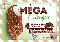 Rappel produit Leader Price Méga Classique – 4 Bâtonnets Vanille enrobage chocolat au lait et morceaux d’amandes grillées – 314g / 440 ml – Leader Price