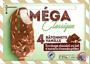 Rappel produit Méga Classique – 4 Bâtonnets Vanille enrobage chocolat au lait et morceaux d’amandes grillées – 314g / 440 ml – Leader Price Leader Price