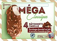 Rappel produit MEGA Classique 4 Bâtonnets Vanille chocolat lait amandes 314g Leader Price Leader Price (photo numéro 1)