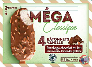 Rappel produit MEGA Classique 4 Bâtonnets Vanille chocolat lait amandes 314g Leader Price Leader Price