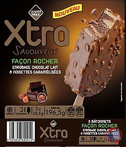 Rappel produit Xtra Façon rocher chocolat noisette x3 bâtonnets Leader Price 196.5g Leader Price