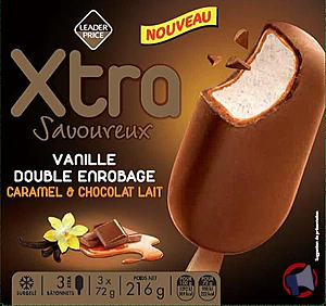 Rappel produit Xtra Savoureux Vanille double enrobage caramel & chocolat lait x3 216g / 270 ml – Leader Price Leader Price