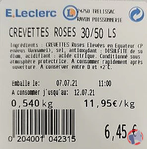 Rappel produit CREVETTES ROSES 30/50 LS LECLERC TRELISSAC