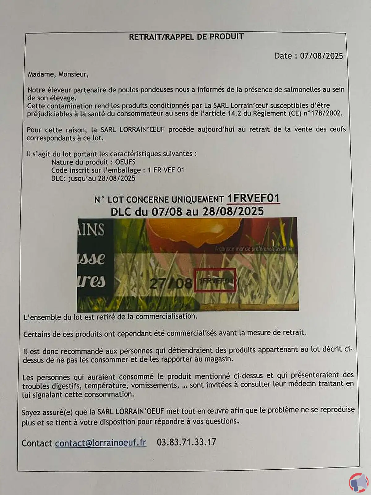 Rappel produit lorrain'œuf : risque de salmonellose - informations et précautions