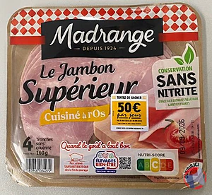 Rappel produit Le Jambon Supérieur cuisiné à l’os sans nitrite 4 Tranches 160 g Madrange