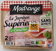 Rappel produit Le Jambon Supérieur à l’étouffée sans couenne conservation sans nitrite 2 tranches 80 g Madrange