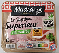 Rappel produit Le Jambon Supérieur à l’étouffée sans couenne conservation sans nitrite 6 tranches 240 g Madrange