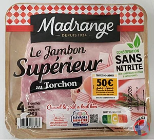 Rappel produit Le Jambon Supérieur au Torchon sans nitrite 4 Tranches 160 g Madrange