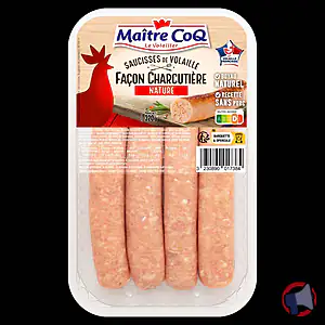 Rappel produit SAUCISSE DE VOLAILLE Façon Charcutière Nature / Herbes / Merguez MAITRE COQ