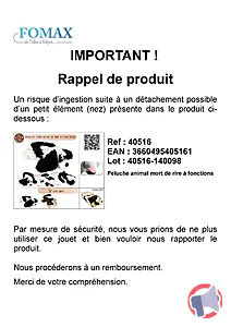 Rappel produit Peluche animal mort de rire à fonctions Maxicâlin